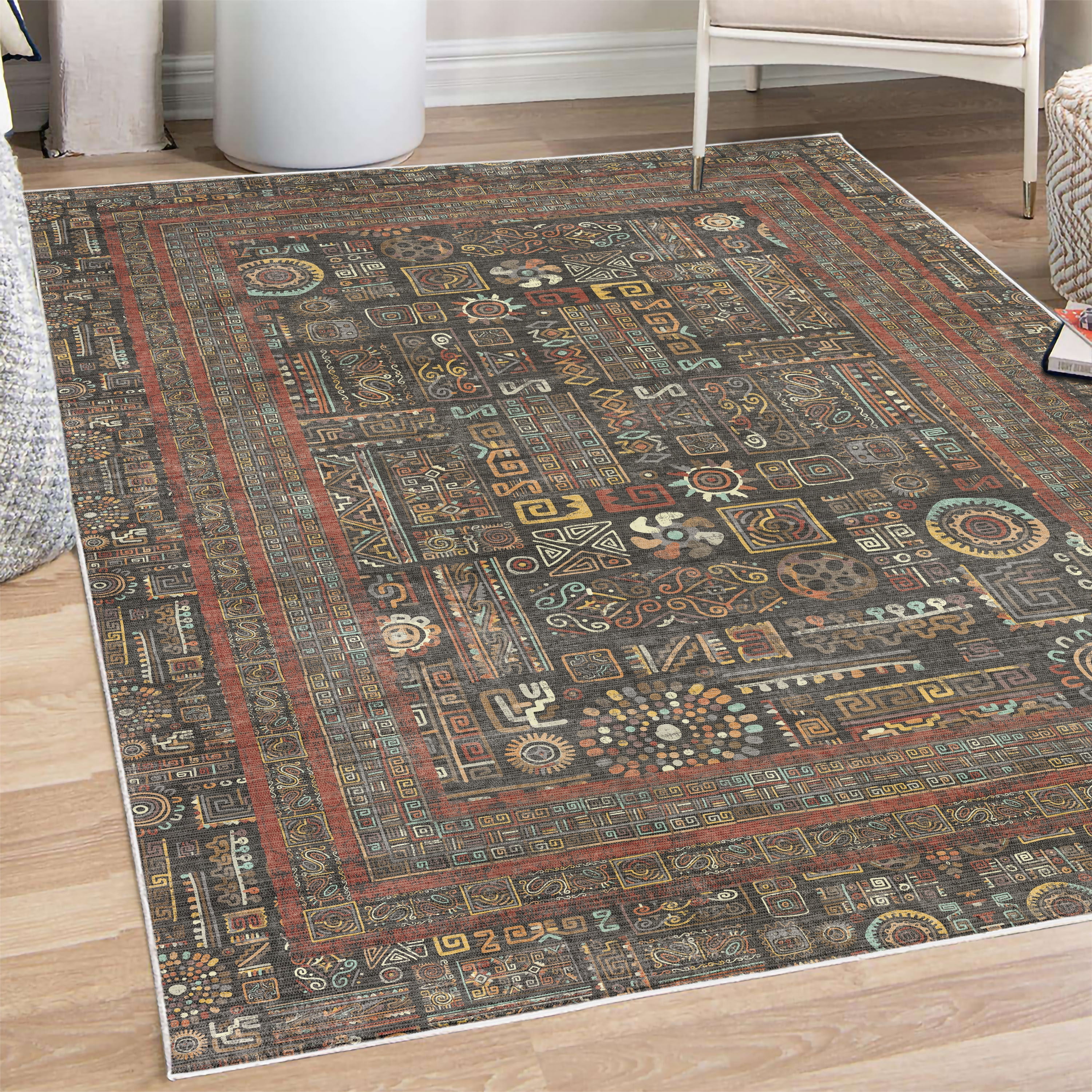 Aztec Art Rug Tribal Decorative Rug, Ethnic Aztec Geometric Colorful Details and ...