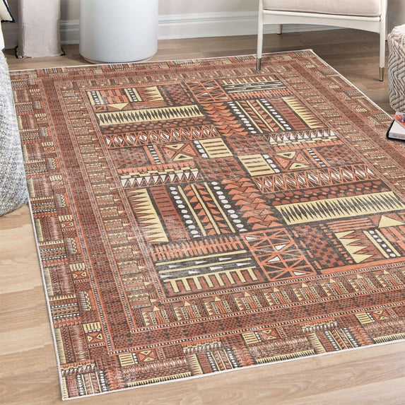 Tribal Decorative Rug, Ethnic Folk Ornaments Zigzags Dots and Curves in Modern Geometric Influences, Quality Carpet for Bedroom Dorm and Living Room, 6 Sizes, Pale Rust, by Ambesonne
