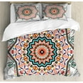 thumbnail image 1 of Tribal Duvet Cover Set, Abstract Style Themed Boho Sun Pattern Art Print on Greyscale Background, Decorative 3 Piece Bedding Set with 2 Pillow Shams, King Size, Turquoise and Coral, by Ambesonne, 1 of 3