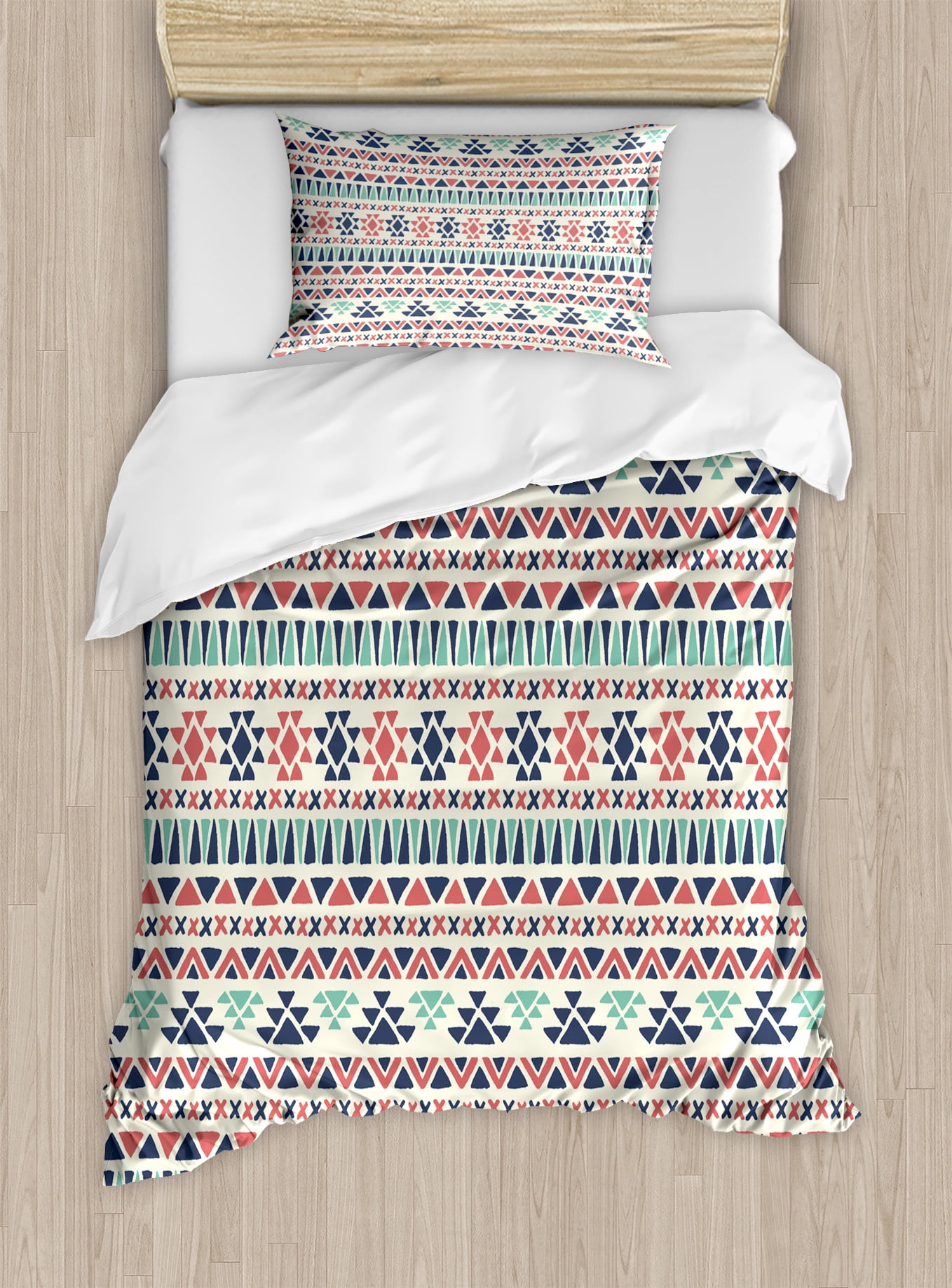 Twin Night Blue and Sea Green Geometric Duvet Cover Set