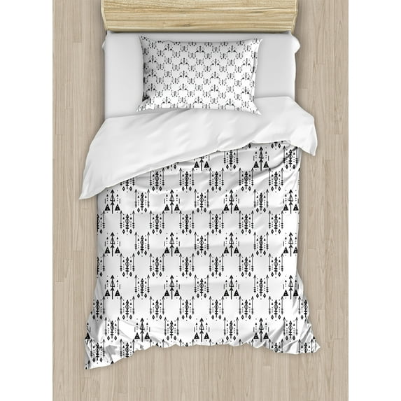 Tribal Duvet Cover Set, Arrow with Feathers Print Abstract Boho Monochrome Pattern Design, Decorative 2 Piece Bedding Set with 1 Pillow Shams, Twin Size, Charcoal Grey, by Ambesonne