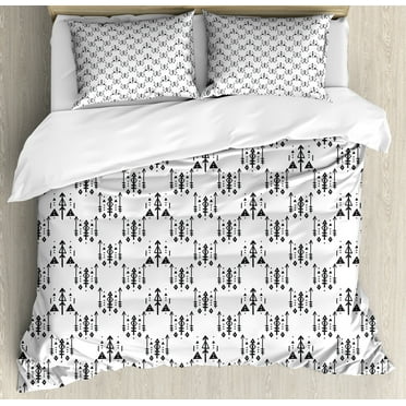 Tribal Duvet Cover Set, Arrow with Feathers Print Abstract Boho Monochrome Pattern Design, Decorative 3 Piece Bedding Set with 2 Pillow Shams, Queen Size, Charcoal Grey, by Ambesonne