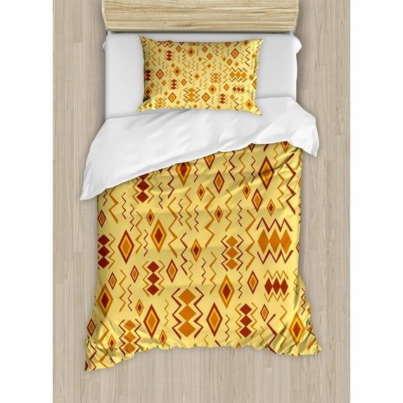 Tribal Duvet Cover Set, Art with Quirky Forms Abstract Cultural Design, Decorative 2 Piece Bedding Set with 1 Pillow Shams, Twin Size, Sand Brown Ginger, by Ambesonne