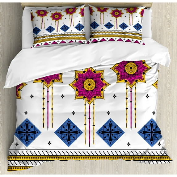 Tribal Duvet Cover Set, Colored Vector Seamless Pattern with Mayan Inspired Motif Print, Decorative 3 Piece Bedding Set with 2 Pillow Shams, King Size, Blue Pale Coffee Fuchsia, by Ambesonne