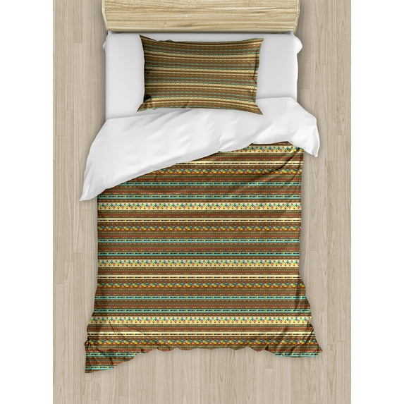 Tribal Duvet Cover Set, Continuous Themed Pattern with Native Style Geometric Inspired Pattern, Decorative 2 Piece Bedding Set with 1 Pillow Shams, Twin Size, Multicolor, by Ambesonne