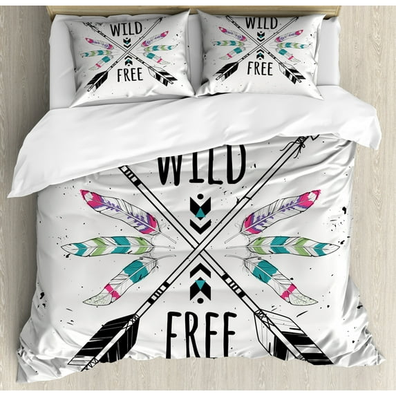 Tribal Duvet Cover Set, Crossed Arrows Wild and Free Motivation Art Words Prehistoric Illustration, Decorative 2 Piece Bedding Set with 1 Pillow Sham, Twin Size, Black Teal, by Ambesonne