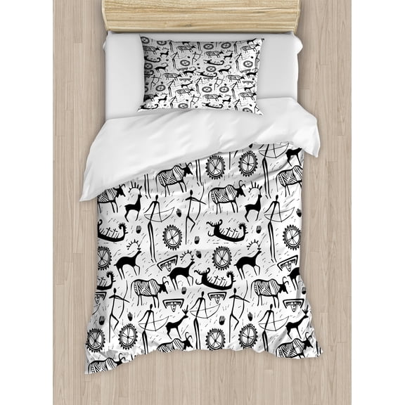 Tribal Duvet Cover Set, Culture Pattern with Traditional Animal and Arrows Folk Design, Decorative 2 Piece Bedding Set with 1 Pillow Shams, Twin Size, Black and White, by Ambesonne