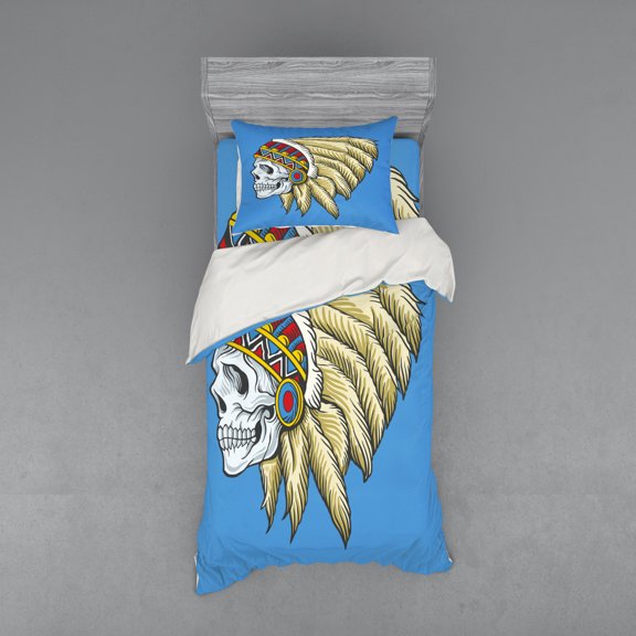 Tribal Duvet Cover Set, Dead Skull with Feathers Tattoo Folk Aztec Pattern, Bedding Set with Shams and Fitted Sheet, 3 Sizes, by Ambesonne