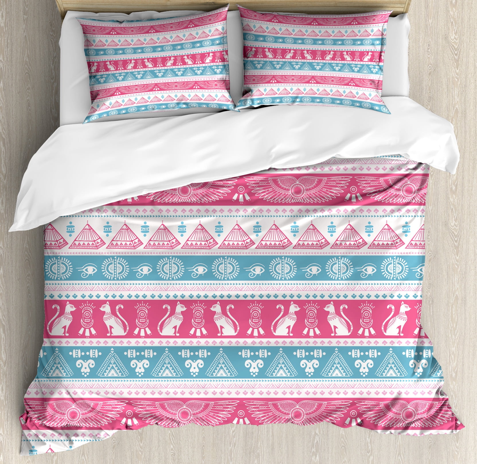 Tribal Duvet Cover Set, Egyptian Cats Wings Pyramids Triangles