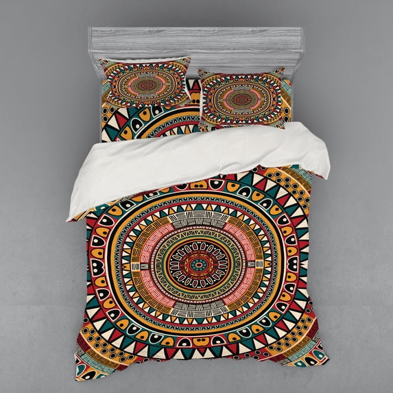 Tribal Duvet Cover Set, Folkloric Tribe Round Pattern Colors Aztec Artwork, Bedding Set with Shams and Fitted Sheet, 3 Sizes, by Ambesonne
