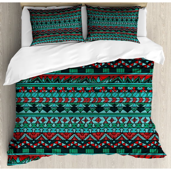 Tribal Duvet Cover Set, Hand Drawn Design Geometric Pattern with Sharp Shapes and Stripes, Decorative 3 Piece Bedding Set with 2 Pillow Shams, King Size, Red Blue Teal, by Ambesonne