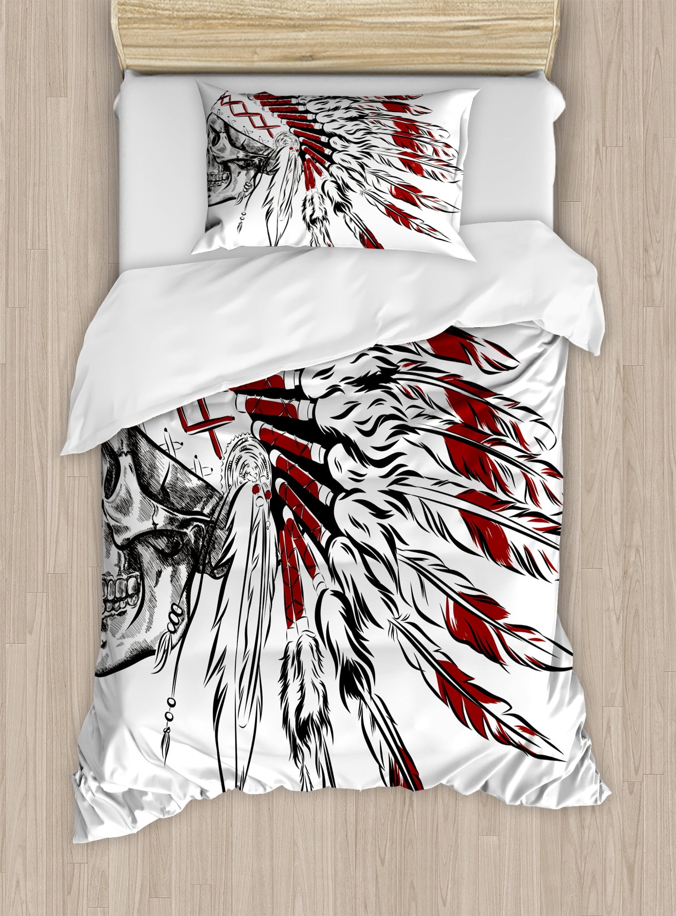Twin Burgundy Black White Feather Headdress Duvet Cover Set