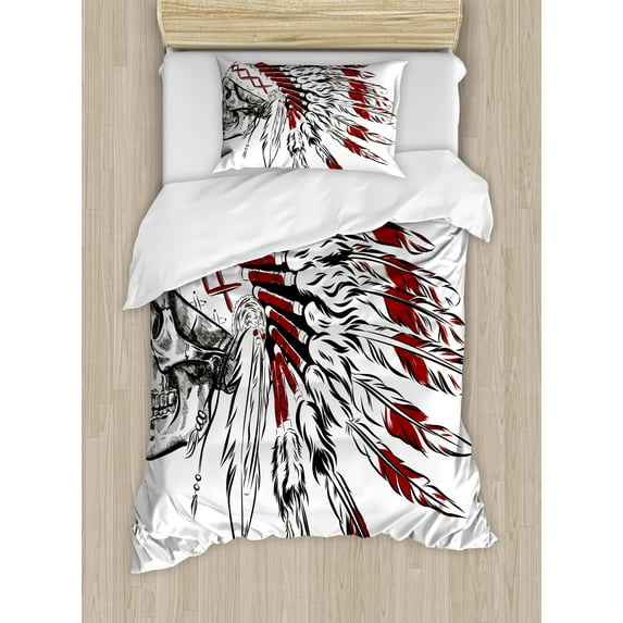 Tribal Duvet Cover Set, Hand Drawn Feather Headdress with Human Skull Vintage Art, Decorative 2 Piece Bedding Set with 1 Pillow Shams, Twin Size, Burgundy Black White, by Ambesonne
