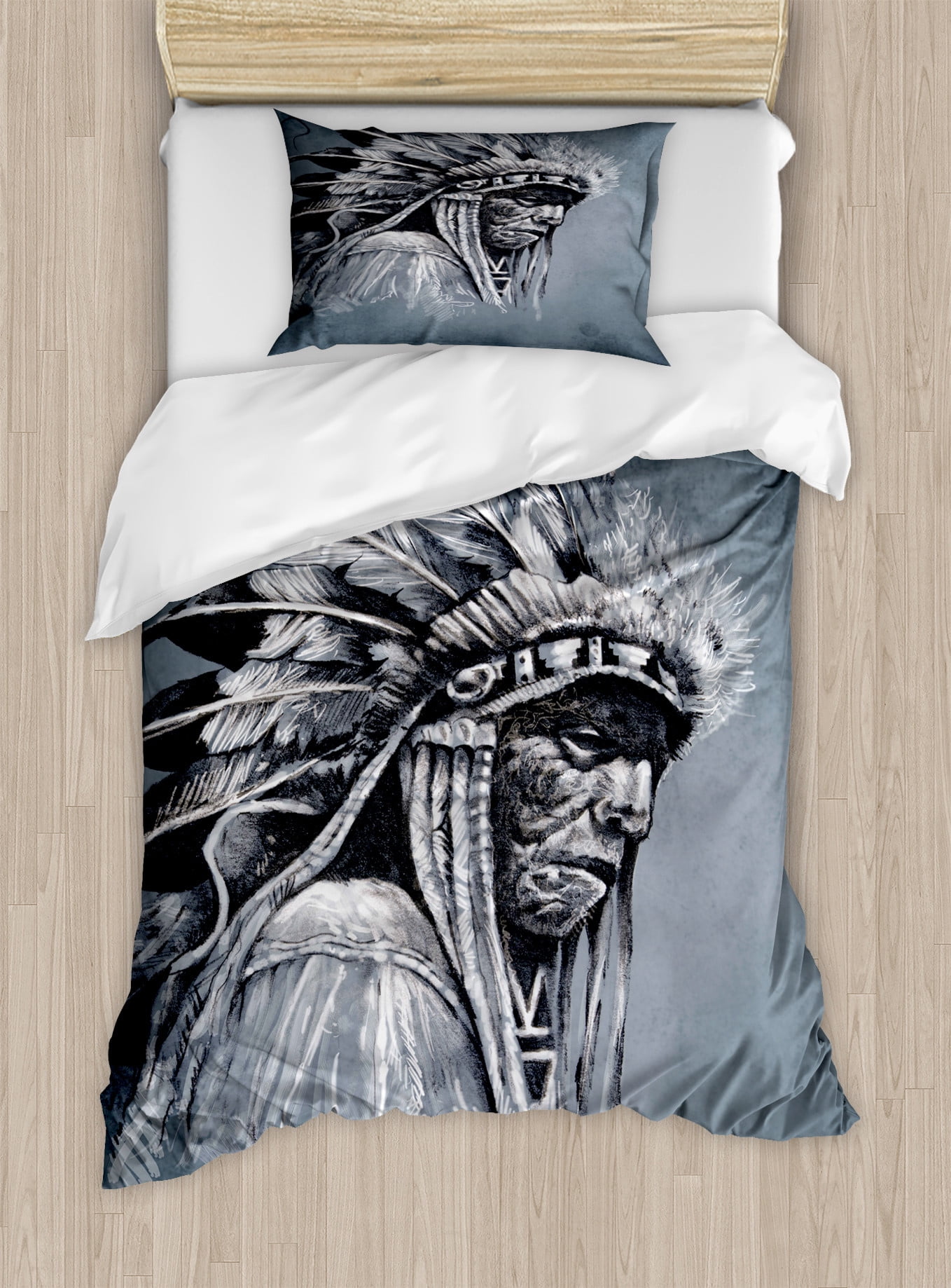 Twin Grey Black White Native American Duvet Cover Set
