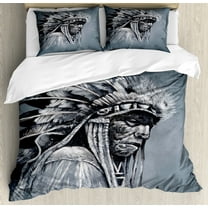 Tribal Duvet Cover Set, Hand Drawn Tribe Chief Head with Feathers Vintage Style Art, Decorative 3 Piece Bedding Set with 2 Pillow Shams, Calking Size, Grey Black White, by Ambesonne