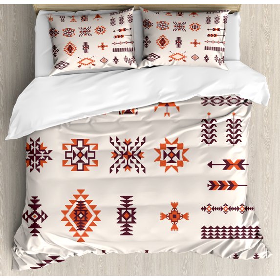 Tribal Duvet Cover Set, Illustration of Aztec Culture Pattern Tribal Design Geometric Print, Decorative 3 Piece Bedding Set with 2 Pillow Shams, King Size, Orange and Brown, by Ambesonne