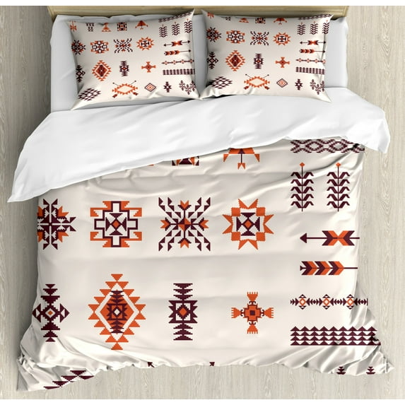 Tribal Duvet Cover Set, Illustration of Aztec Culture Pattern Tribal Design Geometric Print, Decorative 3 Piece Bedding Set with 2 Pillow Shams, Queen Size, Orange and Brown, by Ambesonne