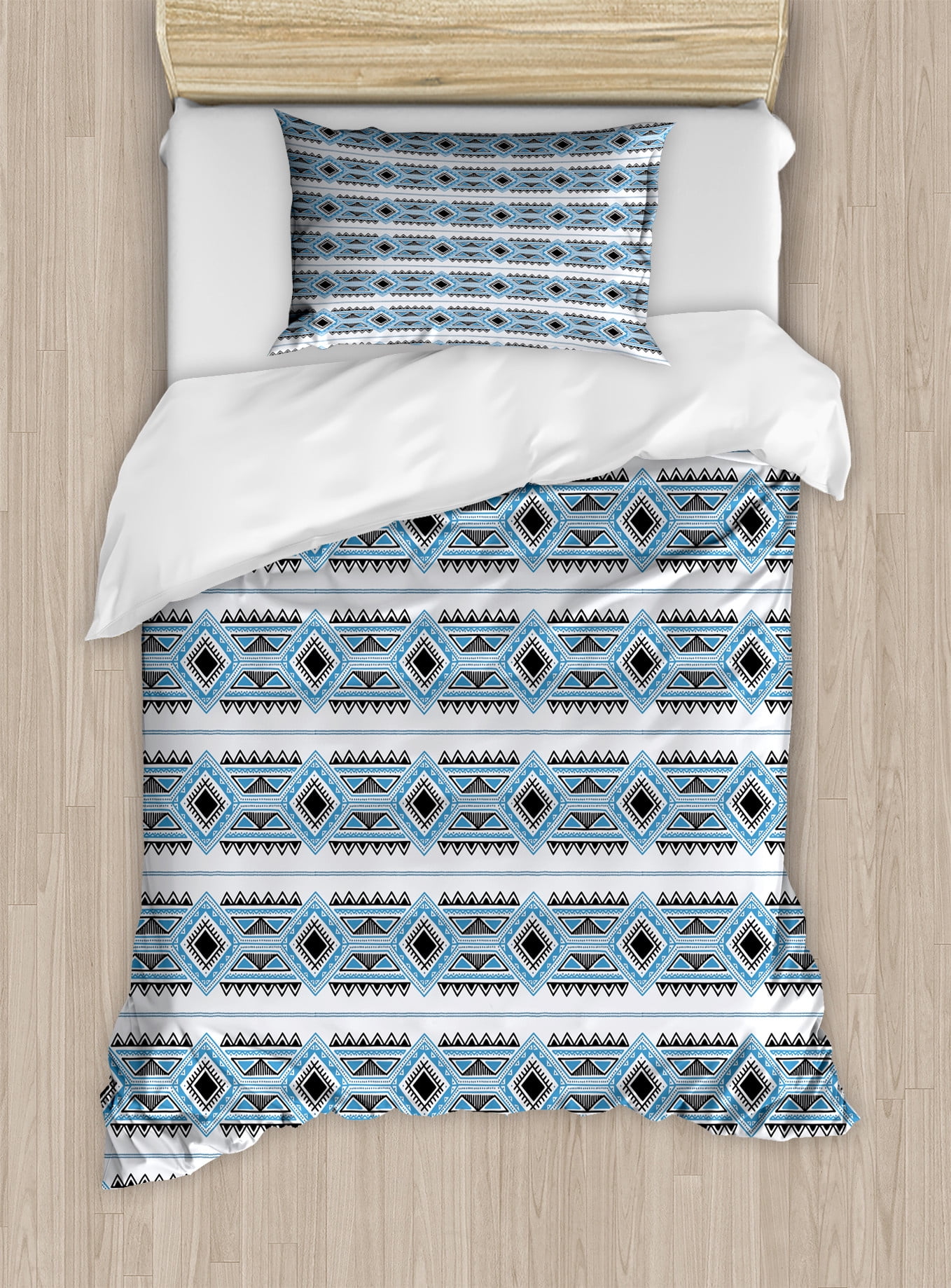 Twin Sea Blue Charcoal Grey Geometric Duvet Cover Set