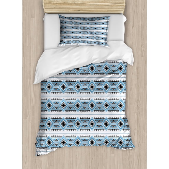 Tribal Duvet Cover Set, Illustration of Prehistoric Design Geometric Shapes Ethnic Vibes, Decorative 2 Piece Bedding Set with 1 Pillow Shams, Twin Size, Sea Blue Charcoal Grey, by Ambesonne