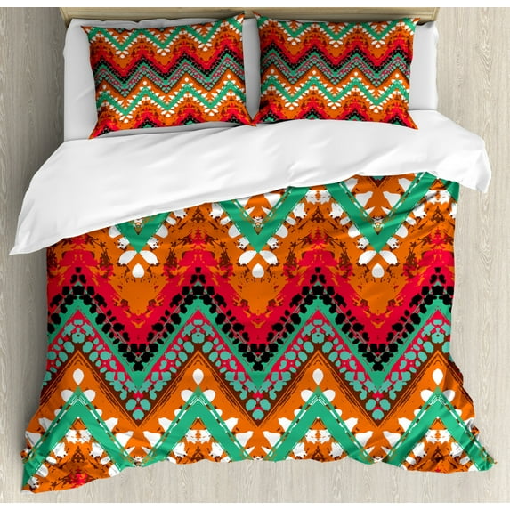 Tribal Duvet Cover Set King Size, Hand Paint Ethnic Zigzag Pattern with Africa Effects Brushstrokes, Decorative 3 Piece Bedding Set with 2 Pillow Shams, Marigold Sea Green Pink White, by Ambesonne