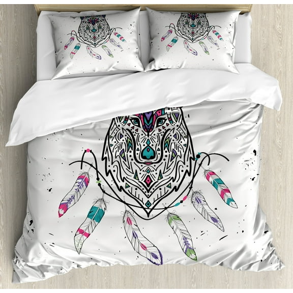 Tribal Duvet Cover Set King Size, Wild and Free Inspirational Artwork Ethnic Wolf with Boho Feathers Print, Decorative 3 Piece Bedding Set with 2 Pillow Shams, Pale Grey Pink Teal, by Ambesonne