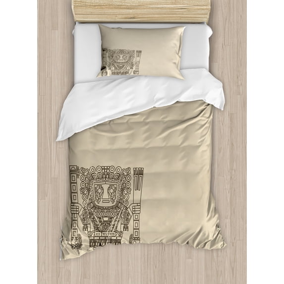 Tribal Duvet Cover Set, Mayan and Inca Tribal Superstition Prehistoric Relic Archeology, Decorative 2 Piece Bedding Set with 1 Pillow Shams, Twin Size, Tan Army Green, by Ambesonne