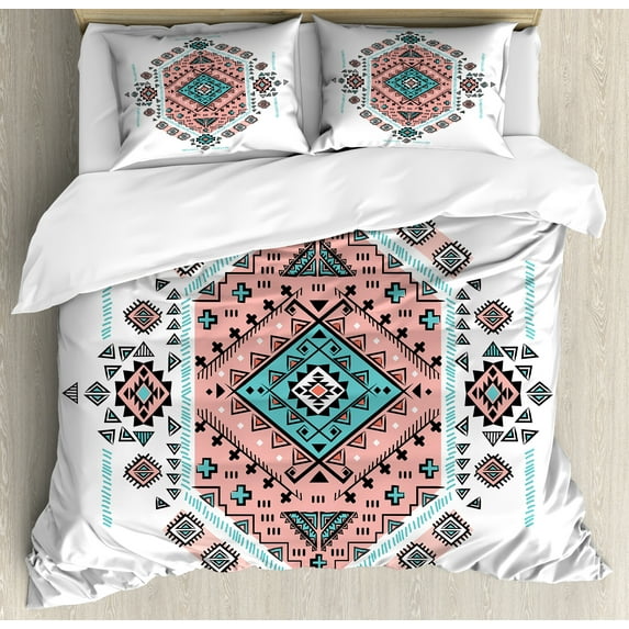 Tribal Duvet Cover Set, Mexican Symmetrical Design 4 Corner Art Pattern, Decorative 3 Piece Bedding Set with 2 Pillow Shams, Queen Size, Teal and Coral Pink, by Ambesonne