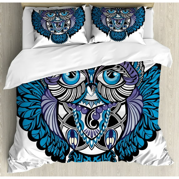 Tribal Duvet Cover Set, Owl Bird Animal Paisley Tattoo Design Big Blue Eyes Lashes Print, Decorative 2 Piece Bedding Set with 1 Pillow Sham, Twin Size, Navy Purple, by Ambesonne
