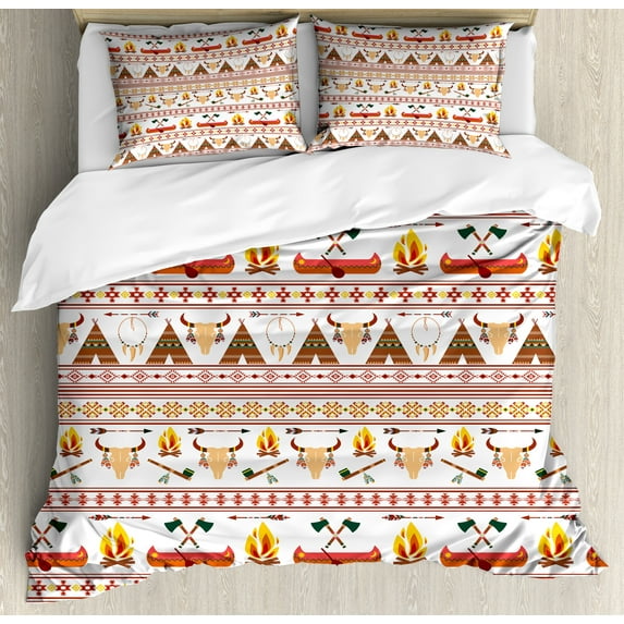 Tribal Duvet Cover Set, Pattern with Geometrical Borders Art Print, Decorative 3 Piece Bedding Set with 2 Pillow Shams, King Size, Red Marigold and White, by Ambesonne