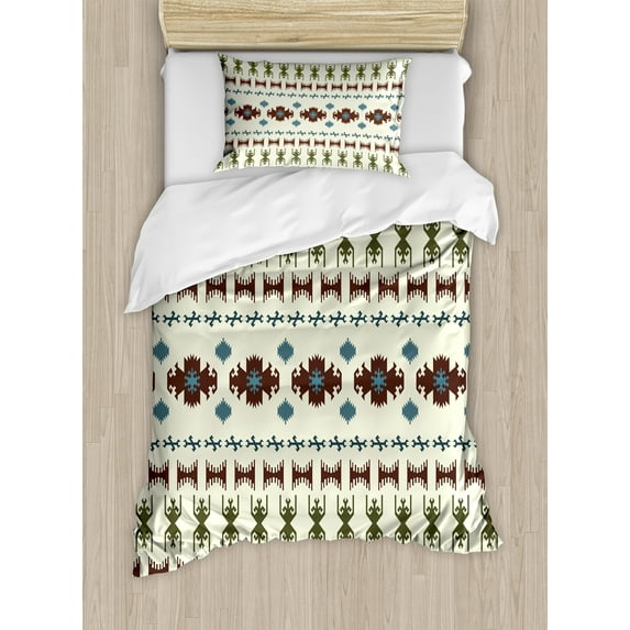 Tribal Duvet Cover Set, Pattern Inca Illustration Geometric Arrangement, Decorative 2 Piece Bedding Set with 1 Pillow Shams, Twin Size, Beige and Brown, by Ambesonne