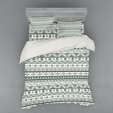 Tribal Duvet Cover Set, Pattern with Primitive Geometric Forms Triangles Background, Bedding Set with Shams and Fitted Sheet, 3 Sizes, by Ambesonne