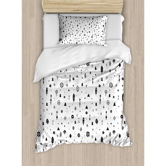 Tribal Duvet Cover Set, Plain Background with Arrows Feathers and Aztec Native Style Geometric Print, Decorative 2 Piece Bedding Set with 1 Pillow Shams, Twin Size, Black and White, by Ambesonne