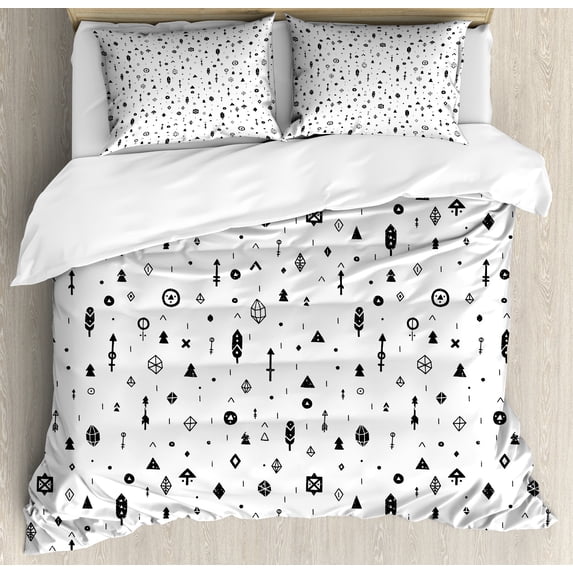 Tribal Duvet Cover Set, Plain Background with Arrows Feathers and Aztec Native Style Geometric Print, Decorative 3 Piece Bedding Set with 2 Pillow Shams, Queen Size, Black and White, by Ambesonne