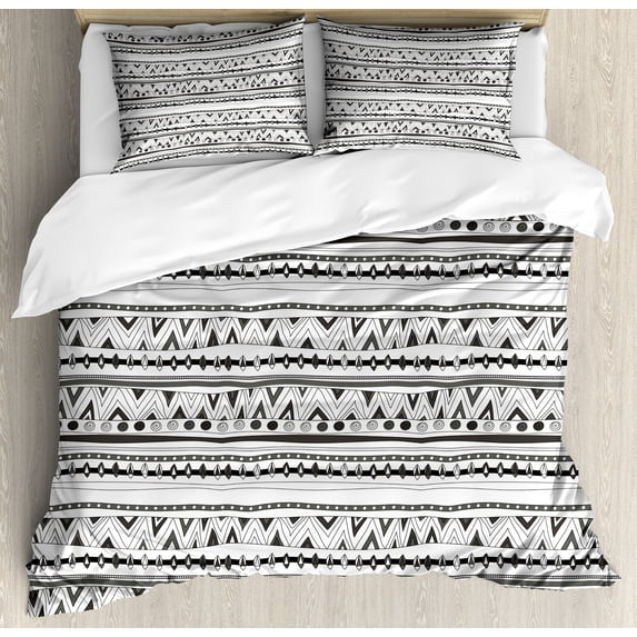 Tribal Duvet Cover Set, Prehistoric Aztec with Circles Triangles Tribal Folk Pattern, Decorative 3 Piece Bedding Set with 2 Pillow Shams, Calking Size, Charcoal Grey White, by Ambesonne