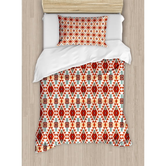 Tribal Duvet Cover Set, Prehistoric Traditional Aztec Folk Motif with Geometric Triangles Native Design, Decorative 2 Piece Bedding Set with 1 Pillow Shams, Twin Size, Teal Cream Red, by Ambesonne
