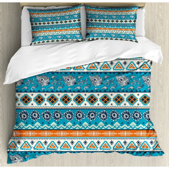 Tribal Duvet Cover Set, Print with Persian Tulips Floral Spring Season Bohemian Art, Decorative 3 Piece Bedding Set with 2 Pillow Shams, Queen Size, Blue Orange and White, by Ambesonne