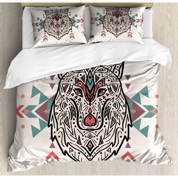 Tribal Duvet Cover Set Queen Size, Charming Lion Like Wolf Head with Paisley Ethnic Design Ornaments Print, Decorative 3 Piece Bedding Set with 2 Pillow Shams, Pearl Coral and Teal, by Ambesonne