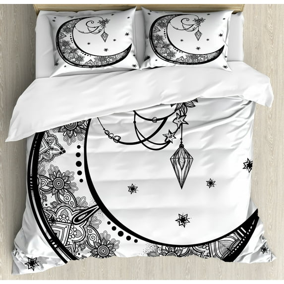 Tribal Duvet Cover Set Queen Size, Paisley Floral Moon Crescent Gem Figures Ethnic Astrology Inspired Design Print, Decorative 3 Piece Bedding Set with 2 Pillow Shams, Black and White, by Ambesonne