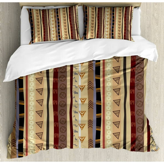 Tribal Duvet Cover Set, Striped Pattern with Vertical Wavy Stripes and Geometric Abstract Ornaments, Decorative 3 Piece Bedding Set with 2 Pillow Shams, Queen Size, Multicolor, by Ambesonne