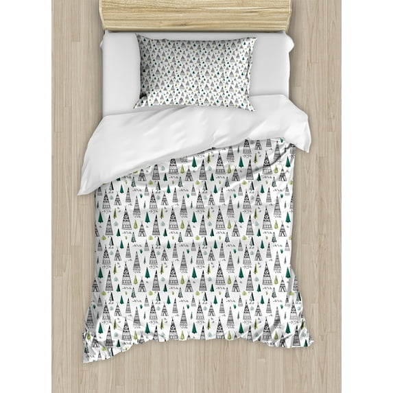Tribal Duvet Cover Set, Tribal Themed Pattern with Wigwam Tents and Trees, Decorative 2 Piece Bedding Set with 1 Pillow Shams, Twin Size, Black Teal, by Ambesonne