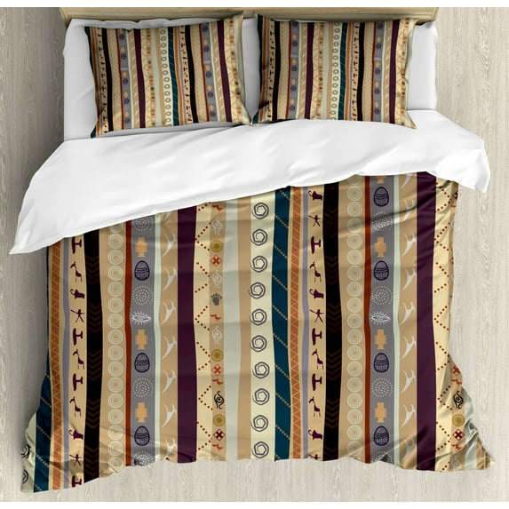 Tribal Duvet Cover Set, Traditional Striped Pattern with Abstract Ornamental Details Vintage Art, Decorative 3 Piece Bedding Set with 2 Pillow Shams, Queen Size, Multicolor, by Ambesonne