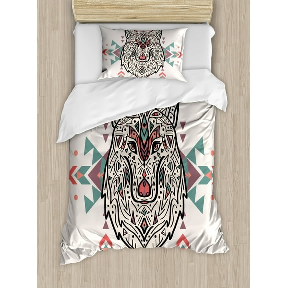 Tribal Duvet Cover Set Twin Size, Charming Lion Like Wolf Head with Paisley Ethnic Design Ornaments Print, Decorative 2 Piece Bedding Set with 1 Pillow Sham, Pearl Coral and Teal, by Ambesonne