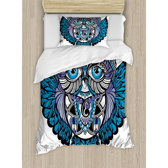 Tribal Duvet Cover Set Twin Size, Owl Bird Animal with Paisley Tattoo Design with Big Blue Eyes Lashes Print, Decorative 2 Piece Bedding Set with 1 Pillow Sham, Navy Blue and Purple, by Ambesonne