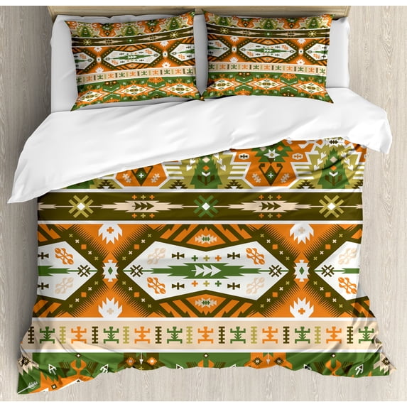 Tribal Duvet Cover Set, Vector Design with Aztec Mayan Culture Style Stripes Shapes Print, Decorative 3 Piece Bedding Set with 2 Pillow Shams, Queen Size, Green Brown Amber, by Ambesonne