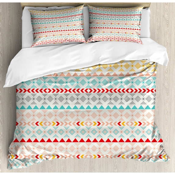 Tribal Duvet Cover Set, Vintage Seamless Geometrical Design with Bohemian Stripes Shapes Pattern, Decorative 3 Piece Bedding Set with 2 Pillow Shams, King Size, Multicolor, by Ambesonne