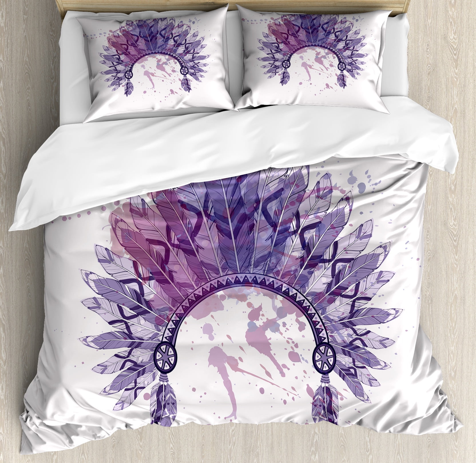 Tribal Duvet Cover Set, Watercolor Headdress Prehistoric Culture Folk