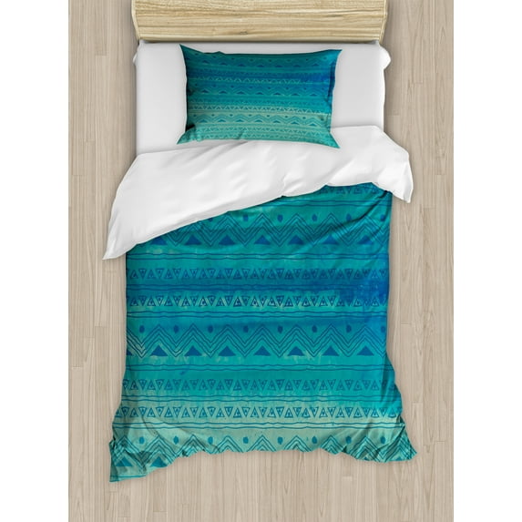 Tribal Duvet Cover Sets, Inspired Creative Pattern with Triangles in Horizontal Order, Bedding Set with 2 Duvet Covers & 2 Pillowcases, 2 Pack Twin Size, Sea Blue and Cadet Blue, by Ambesonne
