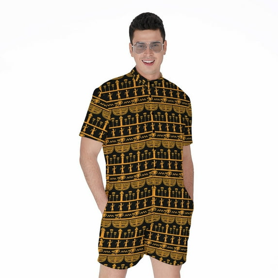 Tribal Egypt Pattern Short Sleeve Men'S Rompers, Egypt Egyptian Casual Summer Jumpsuits Outfit