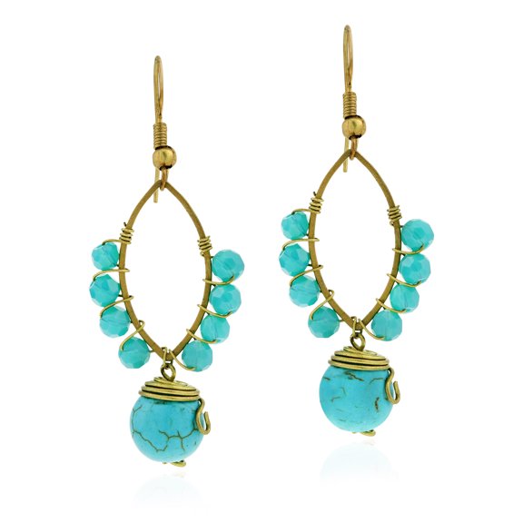 Tribal Elegance Blue Turquoise and Crystal on Brass Ovals Dangle Earrings