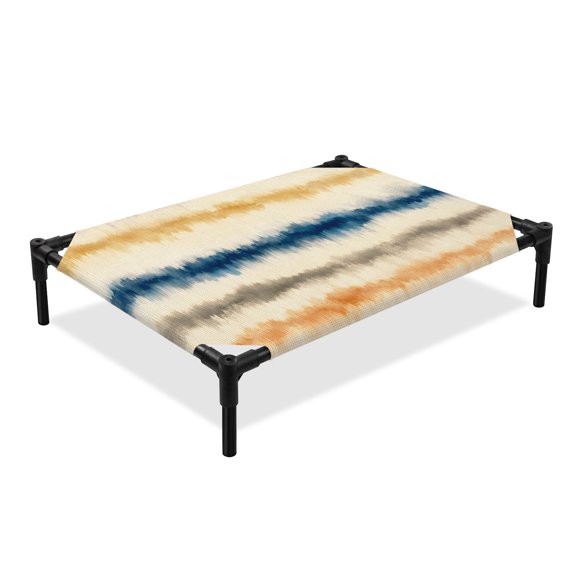 Tribal Elevated Dog Bed, Rustic Ikat Ethnic Blend Indigo Tan Ombre Traditional Stripe Cooling Breathable Outdoor Raised Dog Cot Bed with Metal Frame Non-Slip Feet for Large Dog 28x22in